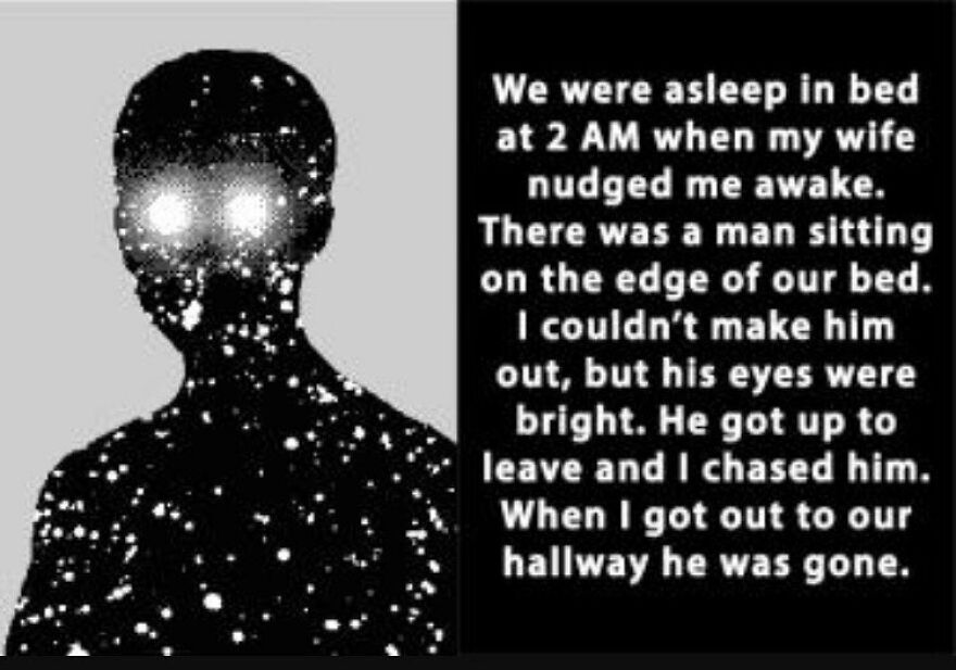 A shadowy figure with glowing eyes beside text describing a terrifying encounter in bed. Terrifying facts, horror stories.