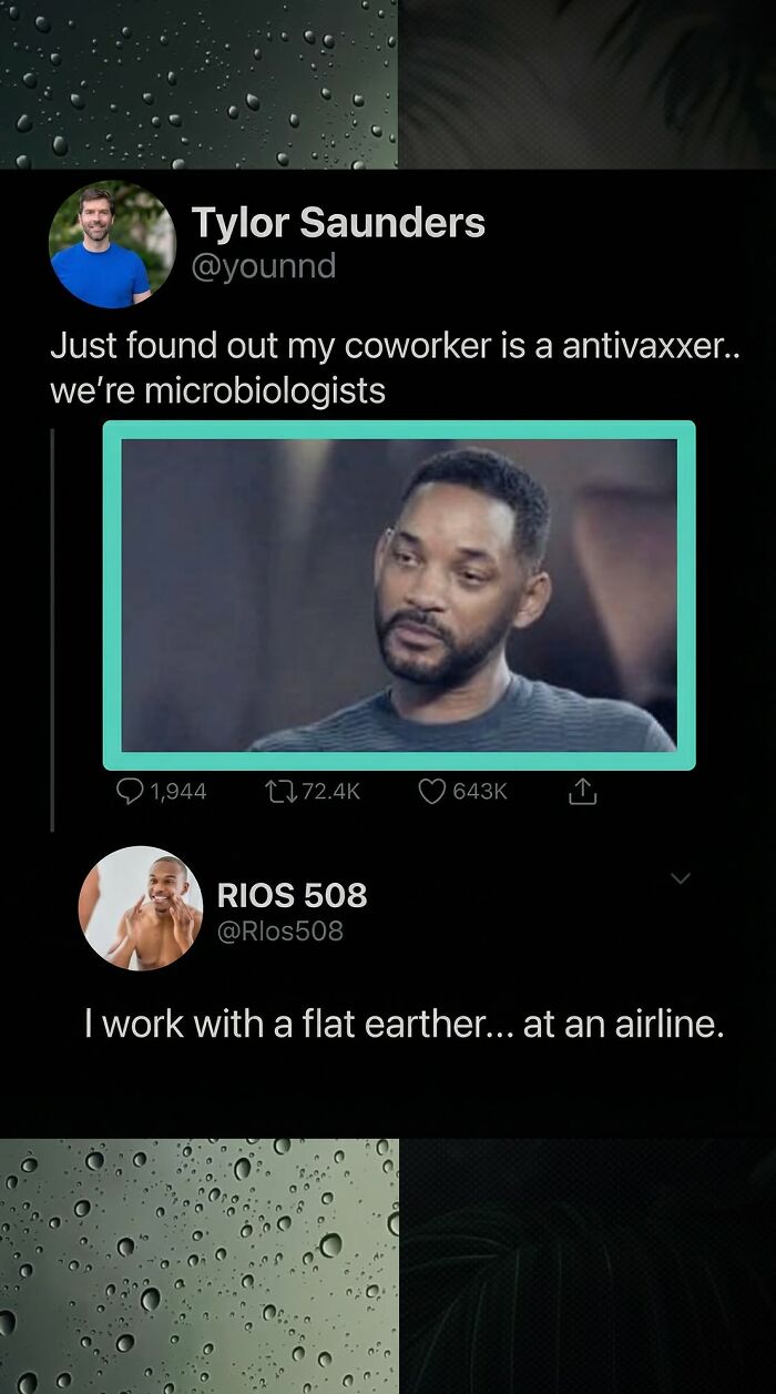 A funny comment about a microbiologist coworker who is an antivaxxer, featuring Will Smith's reaction.