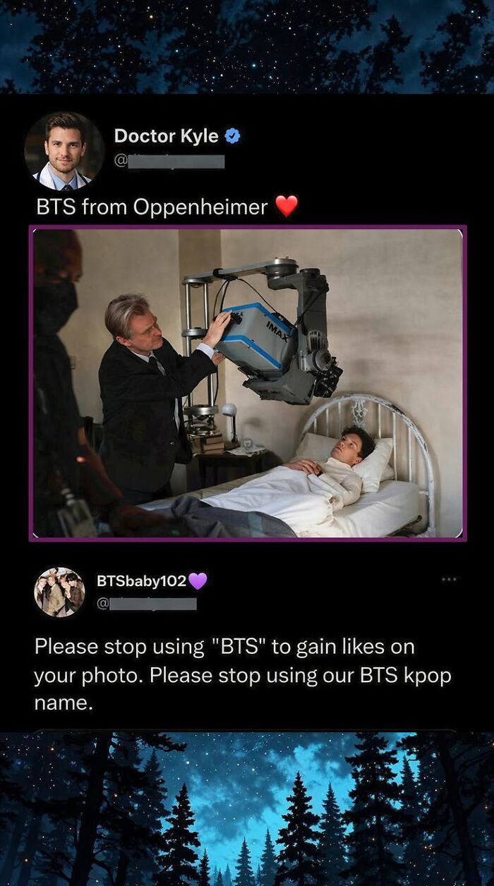A funny comment regarding the use of BTS in Oppenheimer, with a user complaining about its misuse.