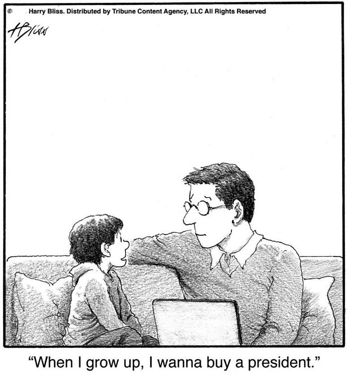 A black and white comic shows a man and a boy talking on a couch. A New Yorker Magazine Cartoonist creates clever comics.