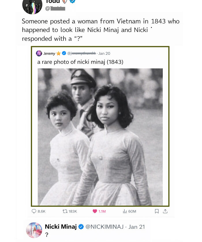 A funny comment about a rare photo of Nicki Minaj, with Nicki Minaj questioning the post.