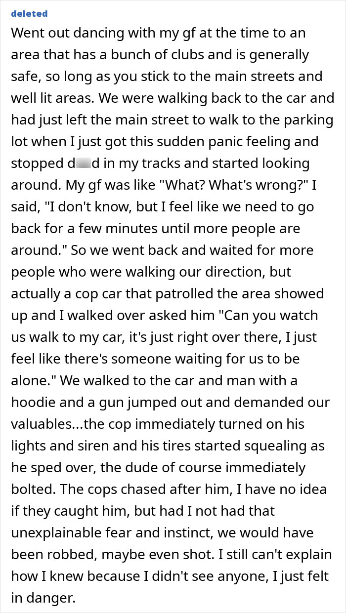 A person follows their gut feelings, avoiding a robbery and possible shooting in a parking lot.