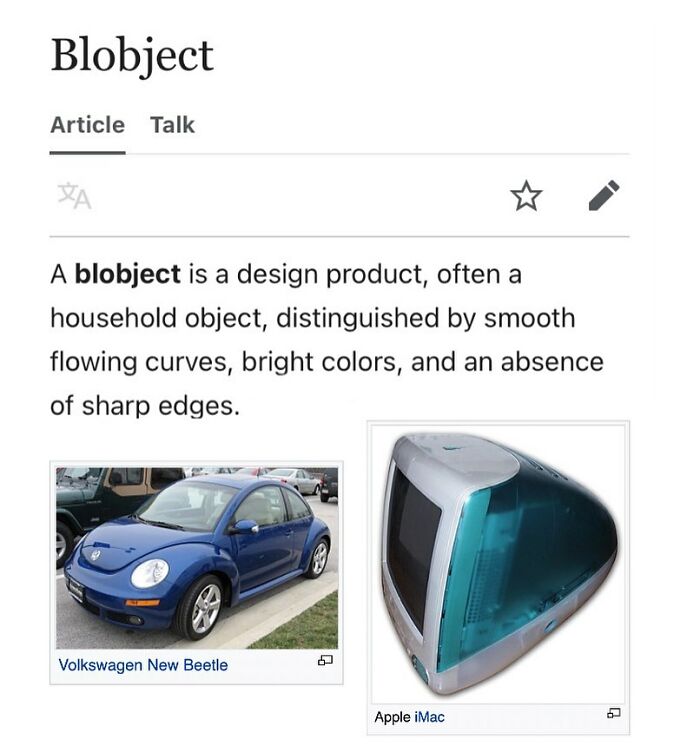 Wikipedia page explaining blobject design with Volkswagen New Beetle and Apple iMac examples