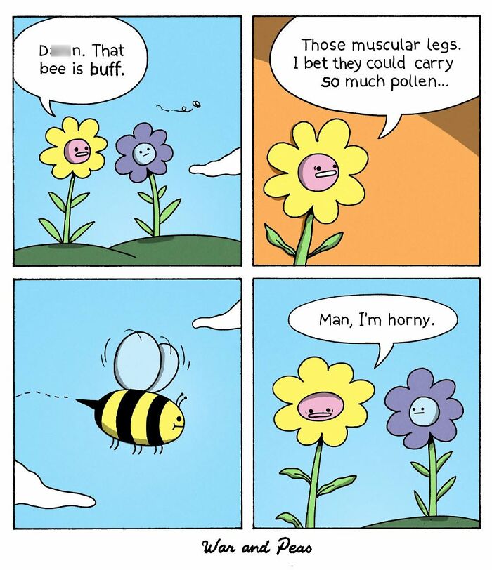 War and Peas comic with flowers talking about a muscular bee and attraction