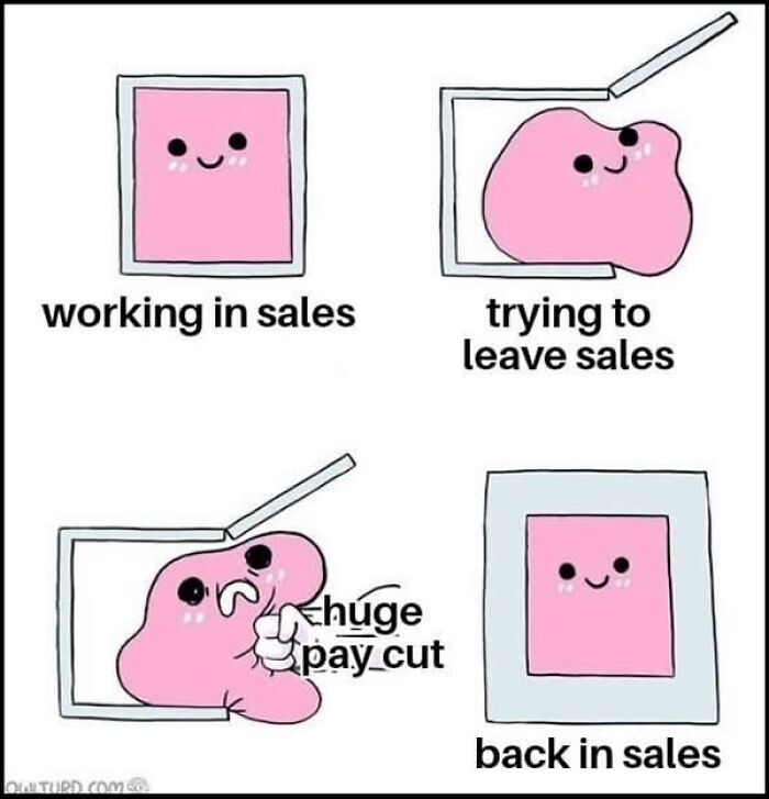 Cute puzzle piece comic about working in sales, huge pay cut, and returning to sales