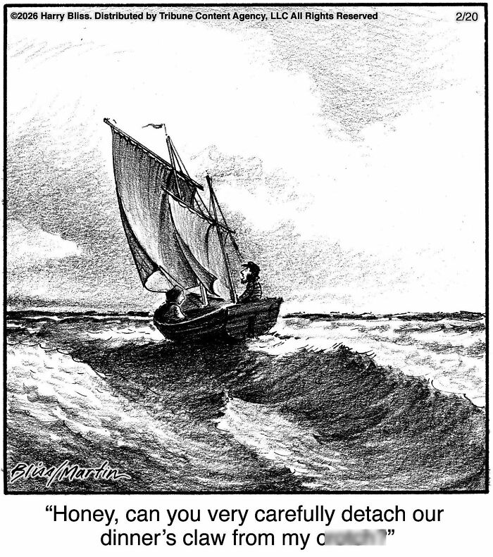 A black and white comic of two people in a small boat on rough seas. A New Yorker Magazine Cartoonist creates clever comics.
