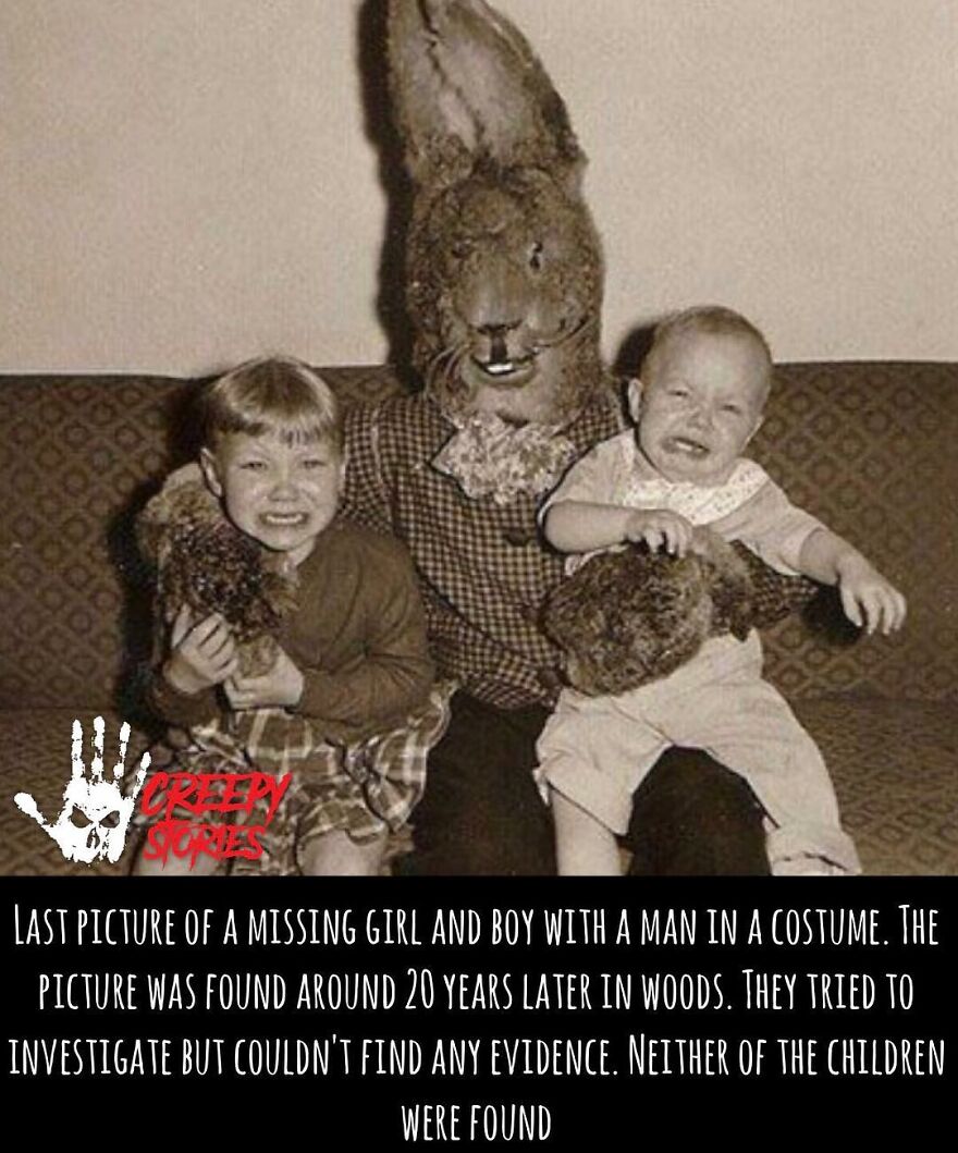 An old photo of two crying children with a person in a creepy rabbit costume, revealing terrifying facts and horror stories.