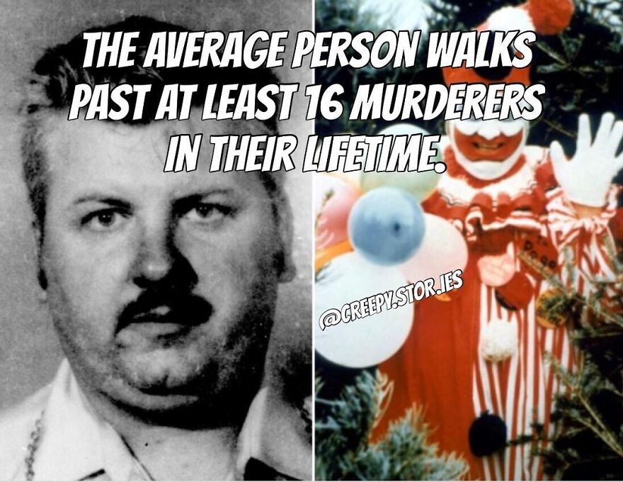 A split image shows John Wayne Gacy and a creepy clown, illustrating terrifying facts and horror stories.