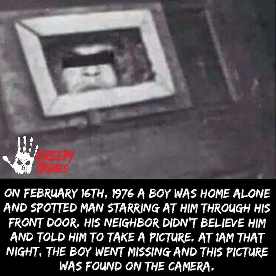 A mysterious face peering through a door's mail slot, a chilling terrifying fact and horror story.