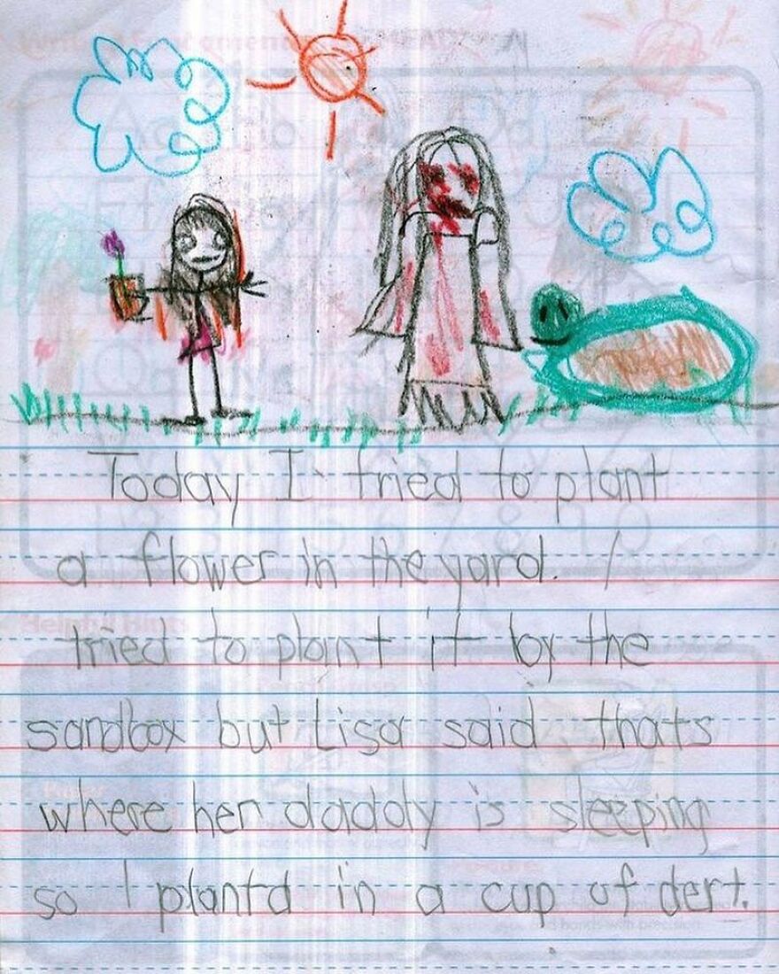 A child's drawing and handwriting about a sandbox grave, a creepy contribution to terrifying facts and horror stories.