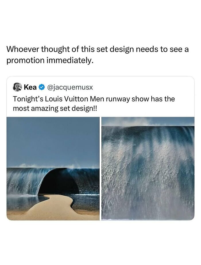 Louis Vuitton Men runway show with an amazing wave-like set design, a pop culture post for instant good vibes.