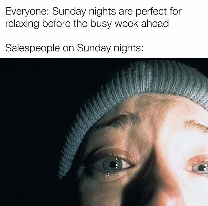 Stressed salesperson crying on Sunday night, salespeople meme