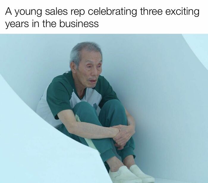 Tired elderly man captioned as young sales rep after three years in sales