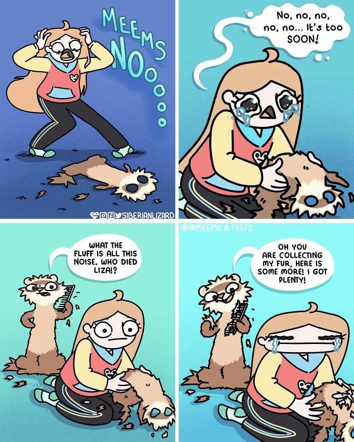 Siberian girl's daily life with two ferrets and shedding fur causing her distress.