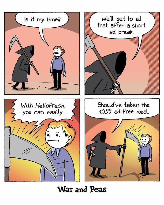 War and Peas comic strip showing d***h holding a scythe and a conversation about an ad break