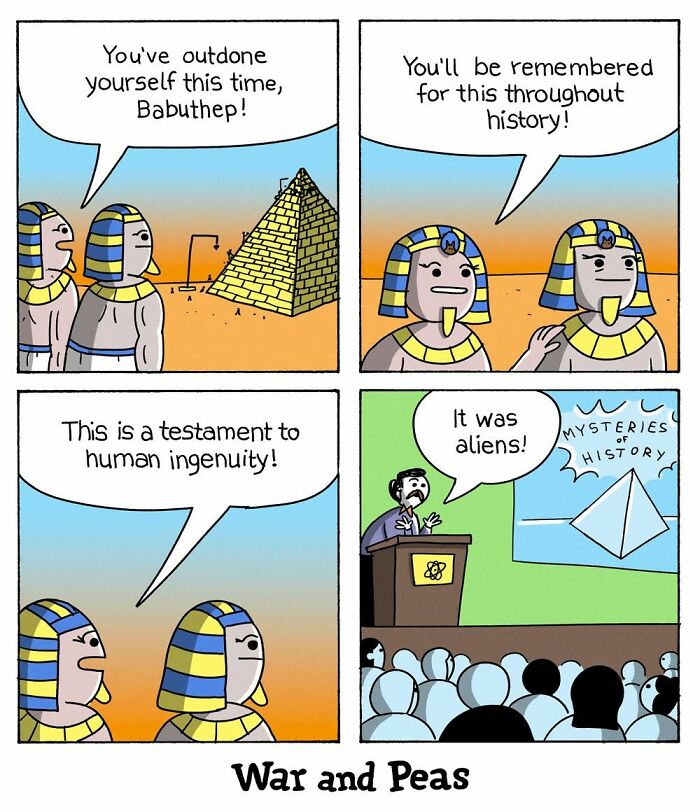 War and Peas comic strip featuring pharaohs and a pyramid on history mysteries