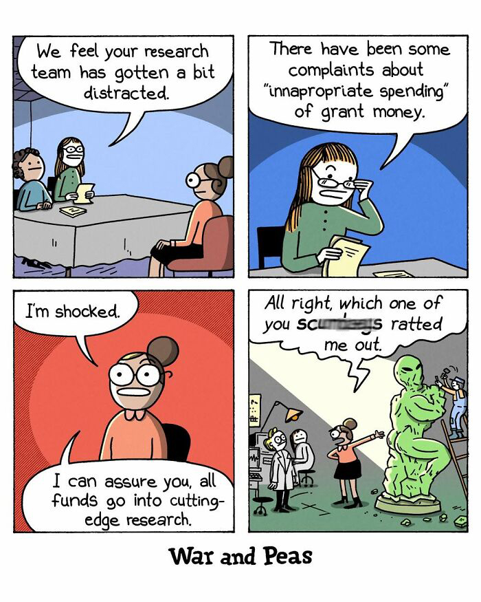 War and Peas comic about research funding complaints and accusations in lab