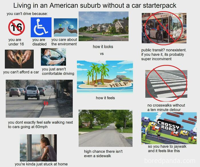 Living in American suburb without a car starterpack showing challenges of suburban life