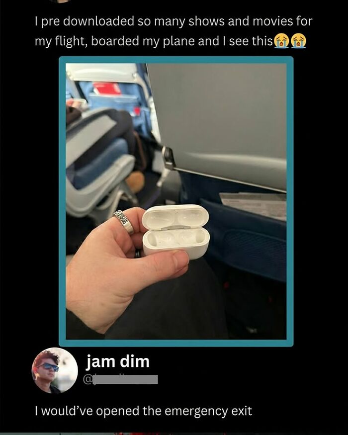 A social media post with a great comment on a person forgetting AirPods for a flight, making the original posts funnier.