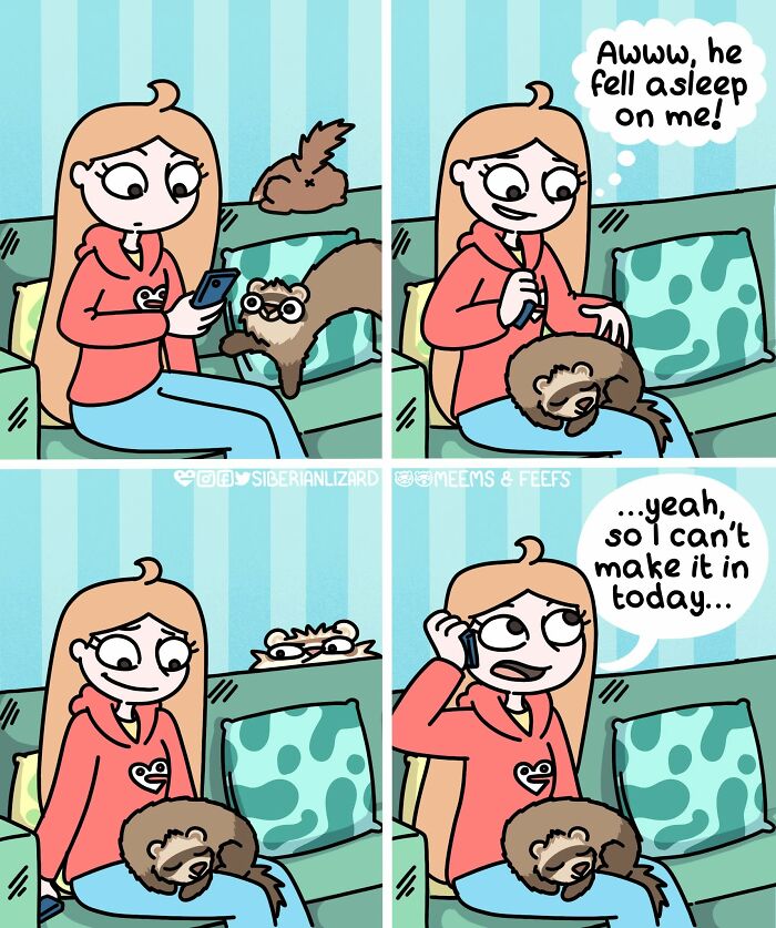 A Siberian girl illustrates her daily life and funny situations with a ferret sleeping on her lap while she makes a call.