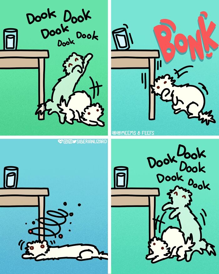 A ferret comic showing the silly situations of ferrets dooking and bonking into tables in daily life.