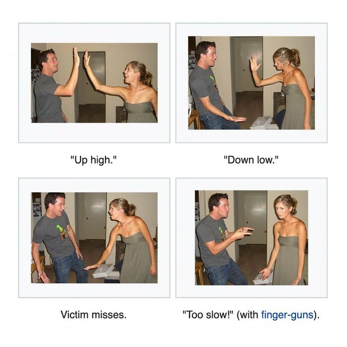 Sequence of photos showing hand slaps game with finger guns