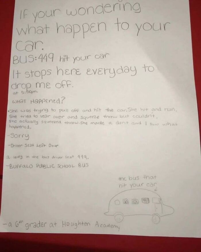 A Sixth-Grader Left This Note After A School Bus Hit A Man's Car