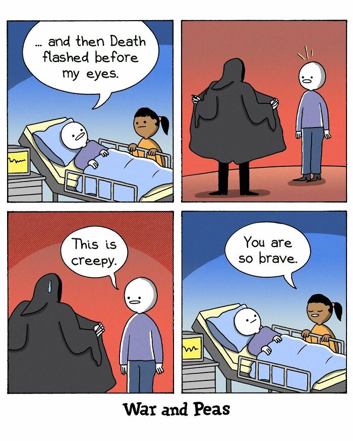 War and Peas comic showing a patient describing d***h and bravery in hospital