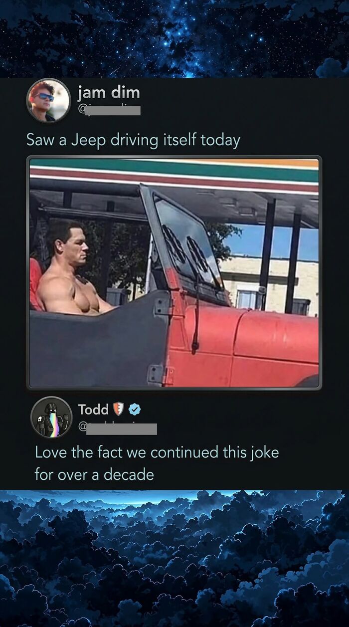 A social media post about a Jeep driving itself with a funny comment about John Cena, making the original posts funnier.