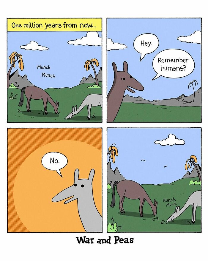 War and Peas comic of animals a million years from now discussing humans