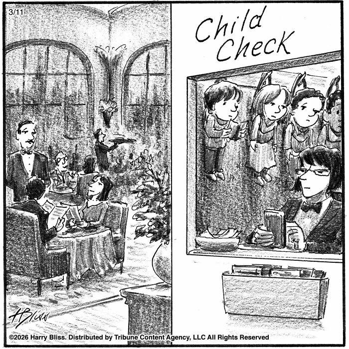 A New Yorker magazine cartoon showing a fancy restaurant on the left and a Child Check room with children on the right.