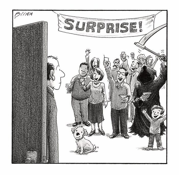A New Yorker magazine cartoon depicting a man surprised by a party, including the Grim Reaper, with a Surprise! banner.