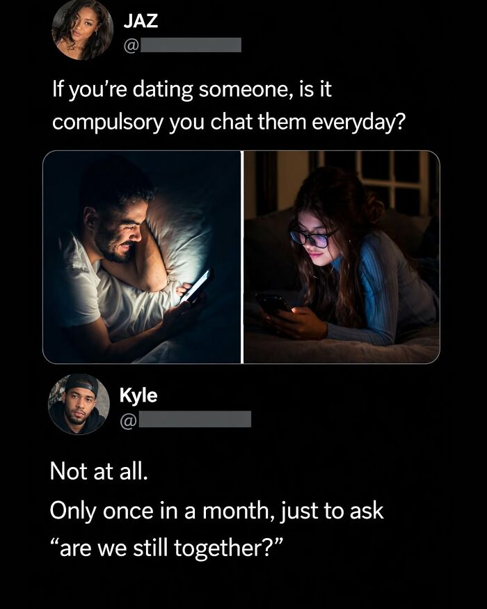 A social media post with a funny comment about how often people should chat when dating, making the original posts funnier.