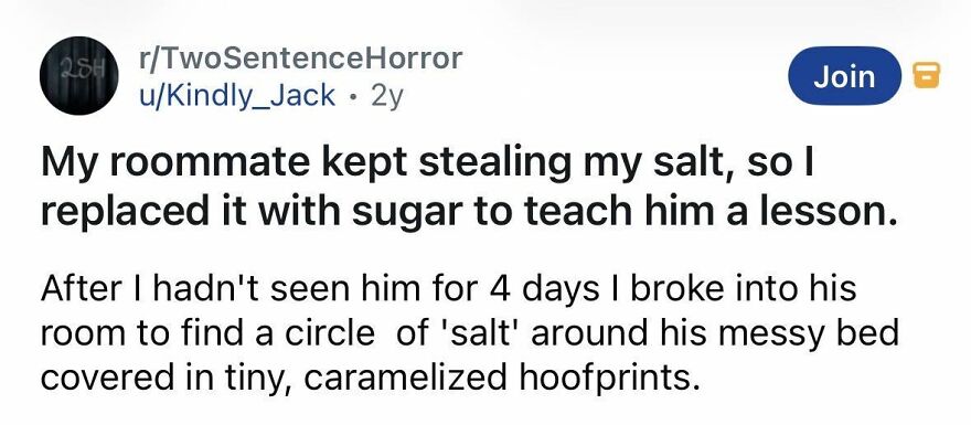 Short spine chilling story about roommate and caramelized hoofprints