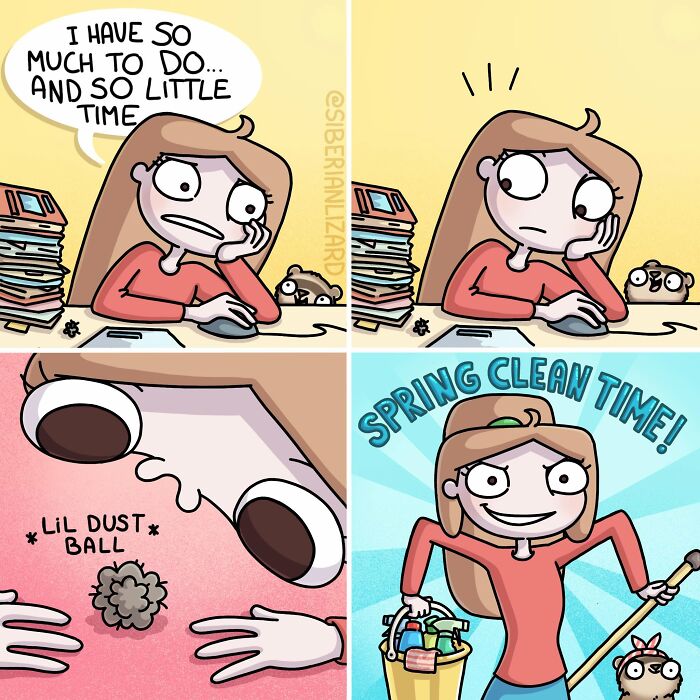 A Siberian girl comic illustrating the funny situation of procrastination and sudden spring cleaning.