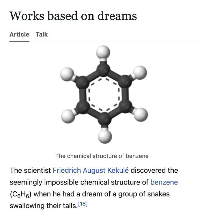 Chemical structure of benzene discovered from dream by Friedrich Kekulé