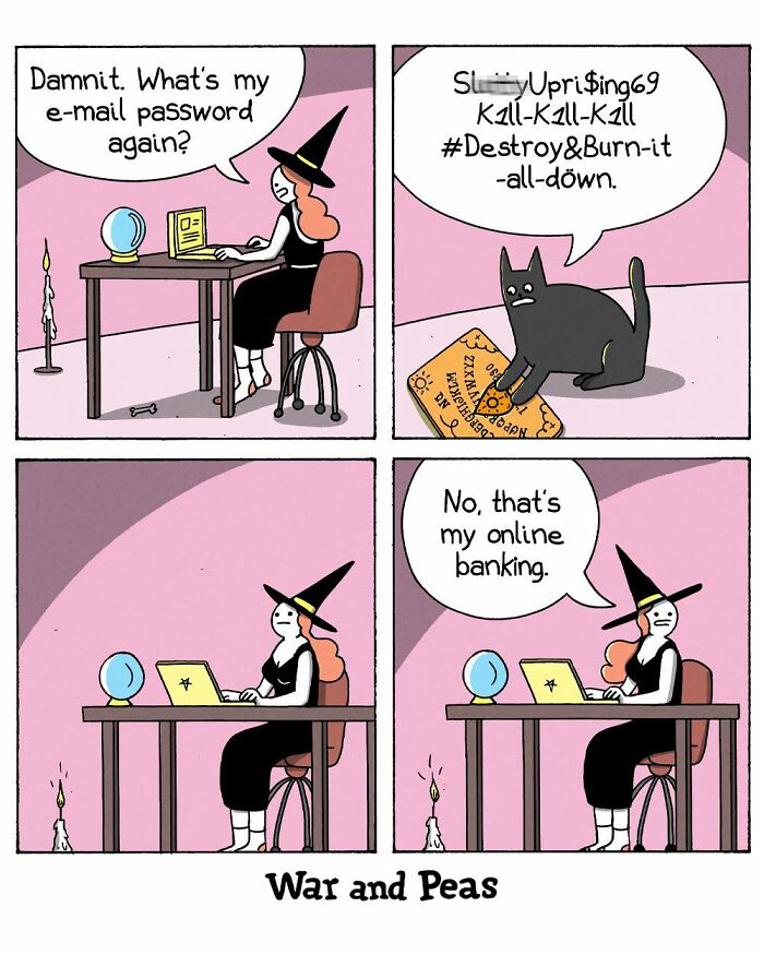War and Peas comic featuring a witch struggling to remember her email password