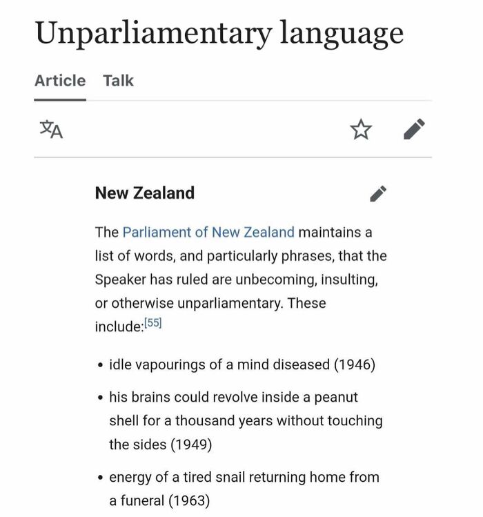 Wikipedia excerpt on unparliamentary language in New Zealand Parliament
