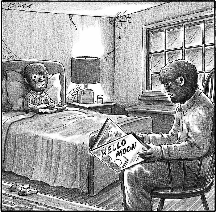 A New Yorker magazine cartoon showing a father werewolf reading Hello Moon to his son werewolf in bed.