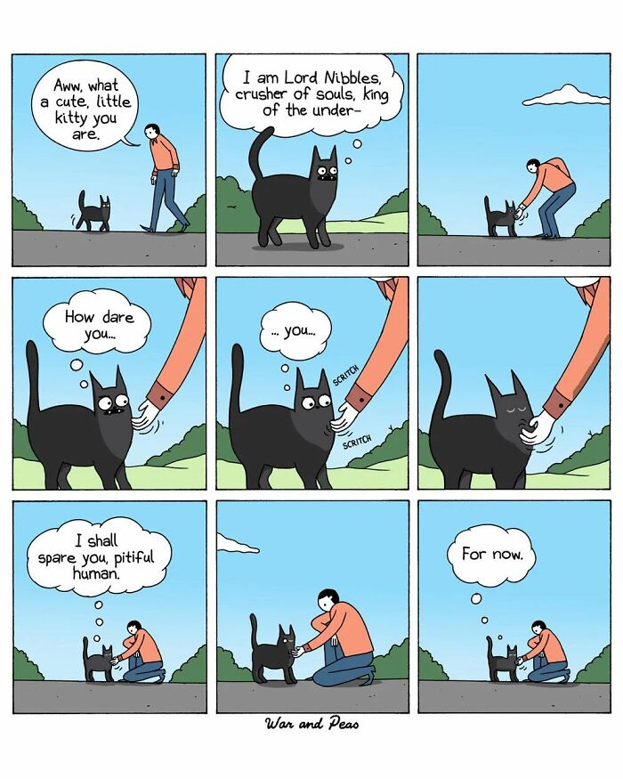 Brilliantly bizarre comic strip about a cat named Lord Nibbles sparing a human's life.