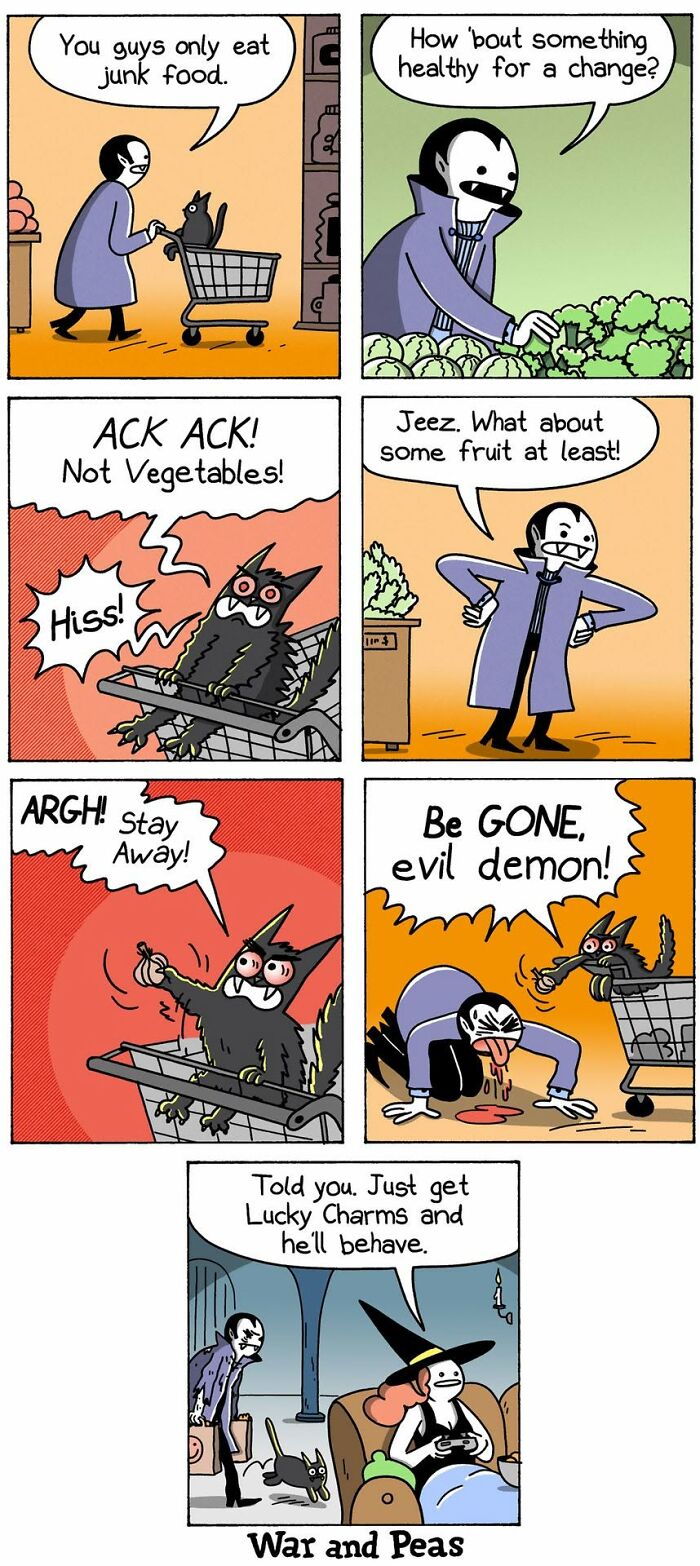 War and Peas comic about a vampire shopping and rejecting healthy food