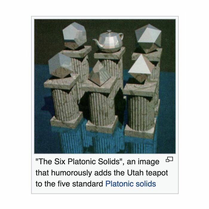 Image of the Six Platonic Solids with a Utah teapot added humorously