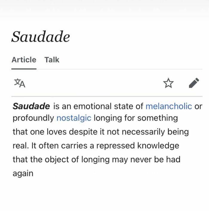 Saudade emotional state of nostalgic longing explained on Wikipedia page