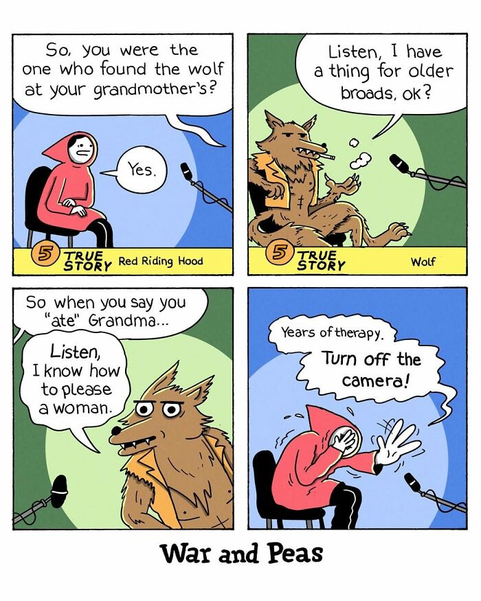 War and Peas comic depicting Red Riding Hood and wolf in a humorous dialogue.