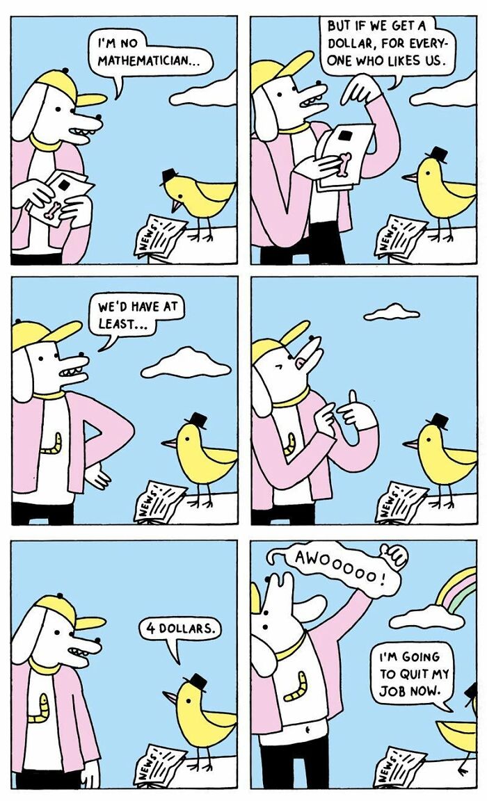 War and Peas comic featuring a dog and bird discussing dollars from likes.