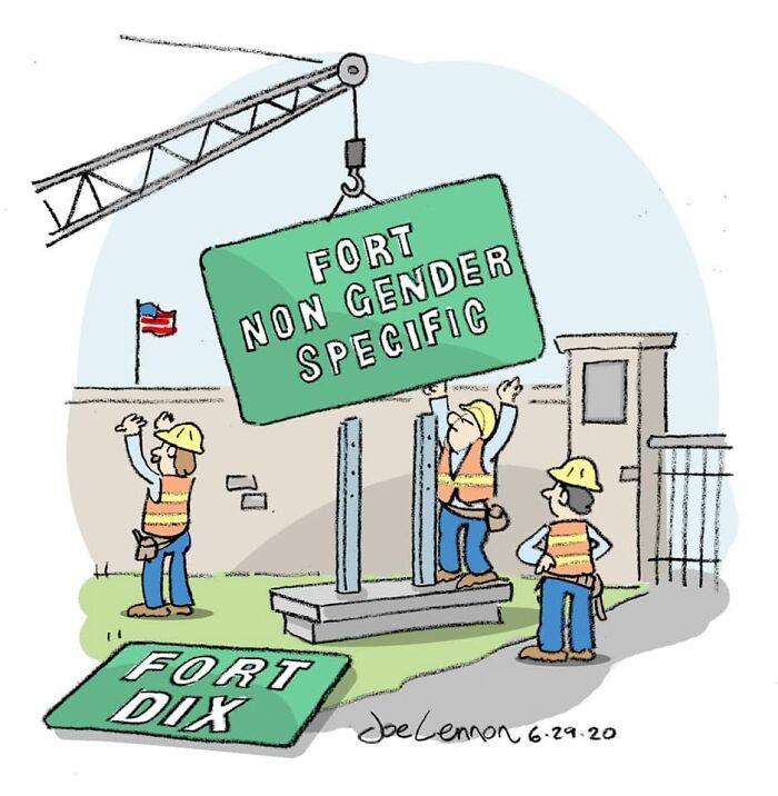 One-panel comic about renaming Fort Dix to a non gender specific name with construction workers