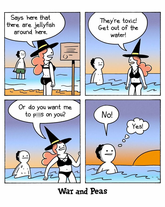 Bizarre comic showing a woman warning about toxic jellyfish at the beach.