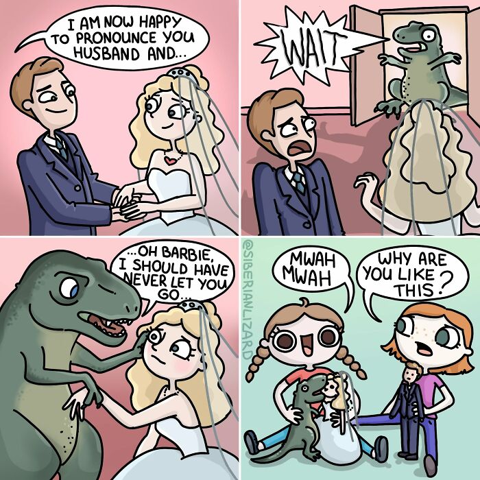 A Siberian girl comic showing a funny situation of a dinosaur interrupting a wedding, then a girl playing with toys.