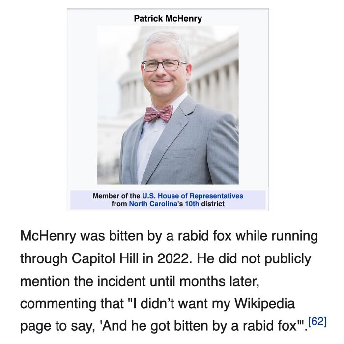 Patrick McHenry rabid fox bite incident on Wikipedia page