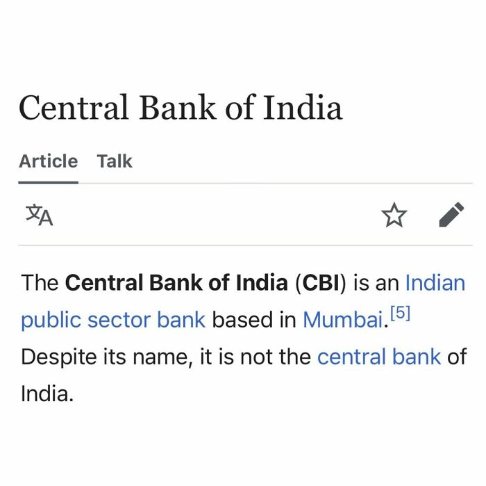 Central Bank of India Wikipedia page excerpt explains it is not the central bank of India